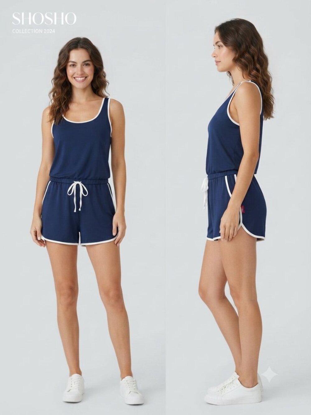 Shosho Blue White Trim Sleeveless Romper Shorts Lounge Beachwear Size Large NEW